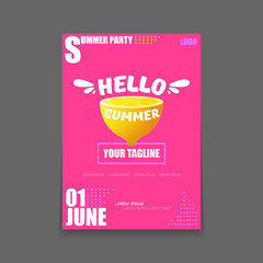 Vector Hello Summer Beach Party vertical A4 poster Design template or mock up with fresh lemon on pink background with text. Hello summer concept label or flyer with orange fruit and typographic text.