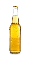 Glass bottle of beer on white background