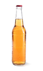 Glass bottle of beer on white background