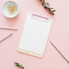 Flat lay office workspace with blank clipboard, eucalyptus branches on pink background. Top view...