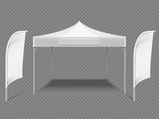 White promotional advertising outdoor event tent with beach flags. 3d realistic vector mock up isolated on transparent background