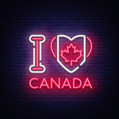 I love Canada neon vector sign. I love Canada symbol banner light, bright night Illustration. Vector illustration