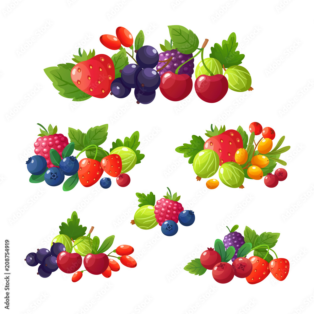 Sticker Fresh summer berries. Strawberry, blackberry, blueberry, cherry, raspberry cartoon vector set