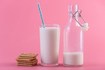 Glass bottle of fresh milk and cookies on pink background. Colorful minimalism. Healthy dairy products with calcium