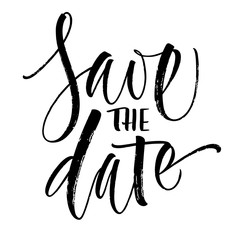 Obraz premium Save the Date lettering. Handwritten modern calligraphy, brush painted letters. Vector illustration. Template for wedding invitation, greeting card, poster, badge, banner, tag