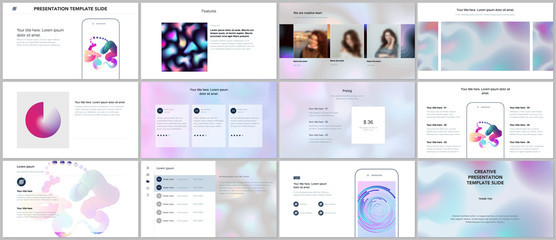 Minimal presentations, portfolio templates with geometric patterns, gradients, fluid shapes on white. Brochure cover vector design. Presentation slides for flyer, brochure, report, advertising.