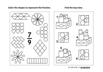 Two visual math puzzles and coloring pages. Color the shapes to represent the fraction. Find the top view. Black and white. Answers included.
