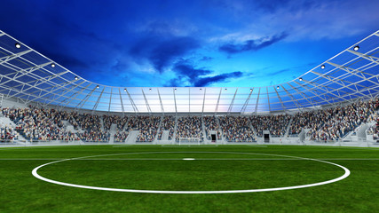 Mittellinie im Fußball Stadion mit Zuschauern © Robert Kneschke