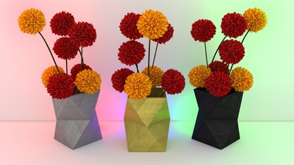 wooden vase with yellow and red flowers in three different color vase gold ,gray and black