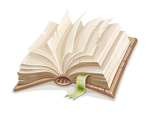 Old open book spread with blank paper pages and bookmark.