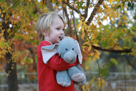 Petit gar&ccedil;on dans le jardin avec son doudou &eacute;l&eacute;phant en peluche. Gros c&acirc;lin et tendresse