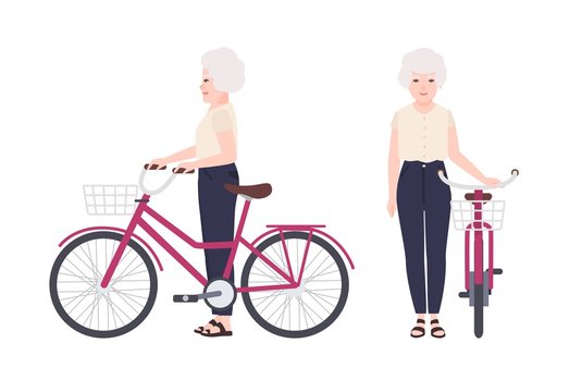 Elderly woman or granny standing beside bike with basket. Flat female cartoon character holding bicycle. Old happy bicyclist isolated on white background. Front and side views. Vector illustration.