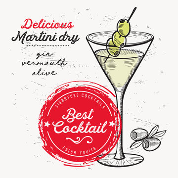 Cocktail martini dry for bar menu. Vector drink flyer for restaurant and cafe. Design poster with vintage hand-drawn illustrations.