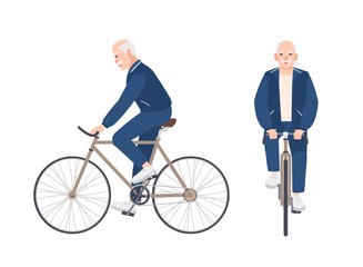 Obraz premium Old man dressed in sport clothing riding bike. Flat male cartoon character on bicycle. Pedaling elderly cyclist or bicyclist isolated on white background. Front and side views. Vector illustration.