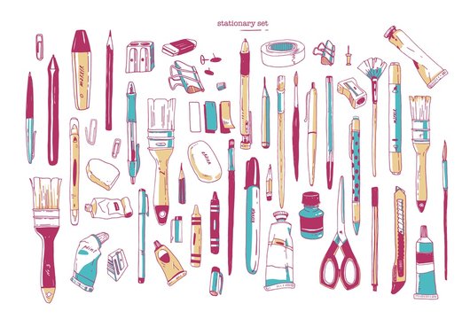 Bundle of hand drawn stationery or writing utensils. Set of writing and art supplies isolated on white background - brush, pen, pencil, marker, utility knife, sharpener. Vector illustration.