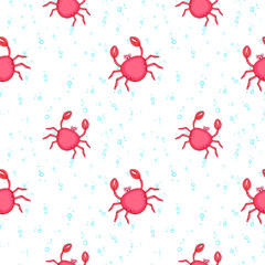 Undersea world. Bright and colorful seamless pattern of sea fauna. Cartoon pink crab and air bubbles.
