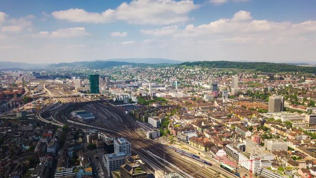 sunny day zurich cityscape railways aerial panorama 4k timelapse switzerland
