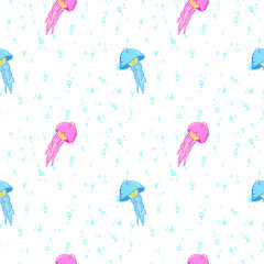 Undersea world. Bright and colorful seamless pattern of sea fauna. Childish cartoon ocean creatures. Cute smiling pink and blue jellyfish.  