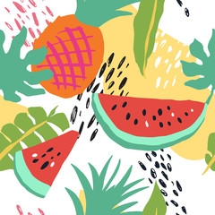 Minimal summer trendy vector tile seamless pattern in scandinavian style. Watermelon, pineapple, palm leafs, abstract elements. Textile fabric swimwear graphic design for pring.