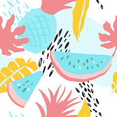 Minimal summer trendy vector tile seamless pattern in scandinavian style. Watermelon, pineapple, palm leafs, abstract elements. Textile fabric swimwear graphic design for pring.