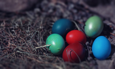Easter painted eggs on burlap