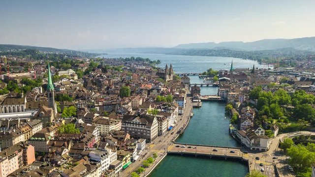 summer day zurich cityscape riverside center aerial panorama 4k timelapse switzerland
