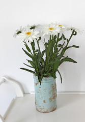 Still life with vase with chamomile flowers. Daisy flowers bouquet in clay vase on white wooden shabby table. Flower background. Floral pattern. Vertical view