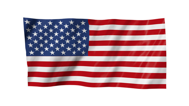 The USA flag in 3d, waving in the wind, on white background.