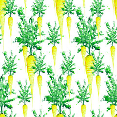 Watercolor Vegan Pattern. Seamless Hand Drawn  Vegetables. Healthy Food Print. Gardening Background. Greenery Repeatable Design for Menu, Restaurant, Salat Bar, Farmers Market. Carrot. Vegetarian.