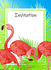 Summer invitation template. Pink flamingo in tropical palm leaves. Exotic, bright and sunny design for print.