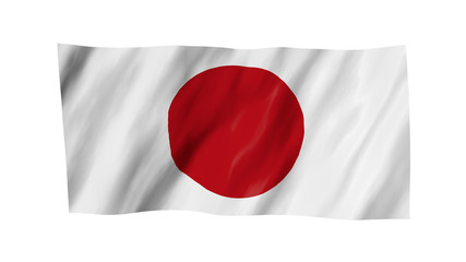 The Japan flag in 3d, waving in the wind, on white background.