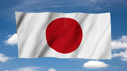 The Japan flag in 3d, waving in the wind, on sky background.