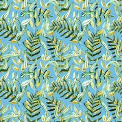 Seamless Realistic Watercolor Greenery Pattern. Hand Drawn Leaves and Branches Print. Summer, Spring Forest Herbs, Plants Texture. Foliage in Vintage Style. Nature Eco Friendly Concept. Textile.