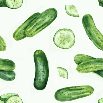 Hand drawn seamless pattern with different watercolor cucumber