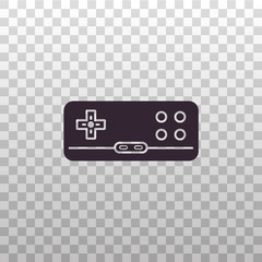 Retro gamepad, joypad, joystick - black silhouette on isolated transparent background. Old school game controller for video gaming consoles and stations - vector sign or symbol.
