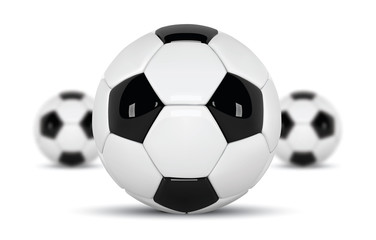 Fototapeta na wymiar Realistic soccer balls or football ball on white background. Set of three 3d Style vector Ball isolated on white background. Football design with blurred balls