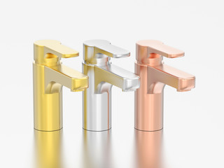 3D illustration three yellow and rose gold and silver faucets