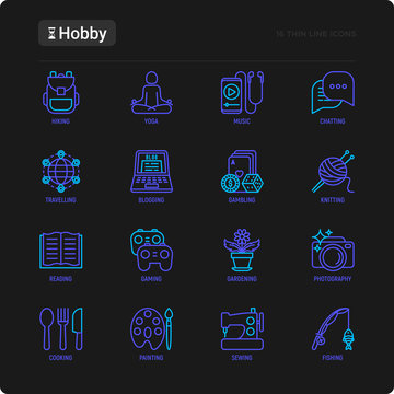 Hobby thin line icons set: reading, gaming, gardening, photography, cooking, sewing, fishing, hiking, yoga, music, travelling, blogging, knitting. Modern vector illustration for black theme.