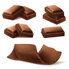 Vector 3d realistic chocolate pieces. Brown delicious bars and chocolate shavings for packaging mock up, package template, design element. Cocoa tasty product, yummy dark and milk dessert.
