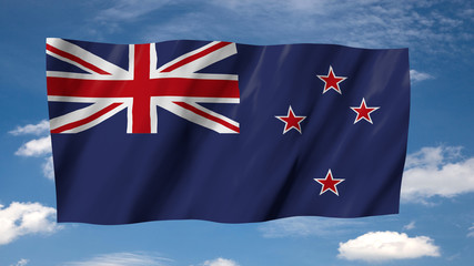 The New Zealand flag in 3d, waving in the wind, on sky background.