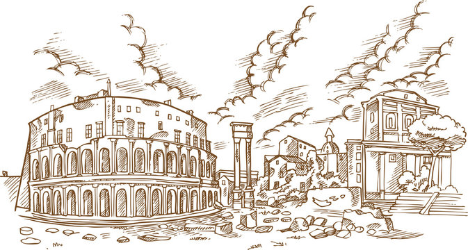 panoramic view on the ancient Theatre of Marcellus( Teatro di Marcello ), vector illustration hand draw