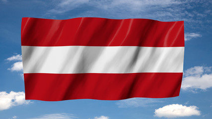 The Austrian flag in 3d, waving in the wind, on sky background.
