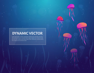 Underwater sea background. Diving and swimming jellyfish in water column. Gradient background of blue water and light from above. Glowing circles in water. Text banner for nautical theme. © ikonstudio