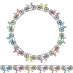 Endless Pattern Brush or Ribbon of Bicycles. Circle Frame Bike Background. Realistic Hand Drawn Illustration. Savoyar Doodle Style.