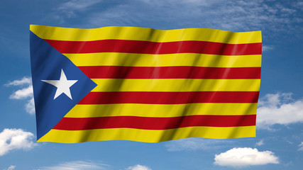 The Catalonia flag in 3d, waving in the wind, on sky background.