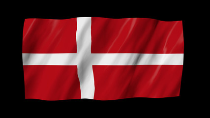 The Danish flag flag in 3d, waving in the wind, on black background.