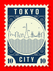 Tokyo City Line Style Postage Stamp Design
