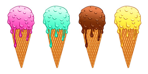 Ice cream con vector illustration set. Hand drawn. Pop art.