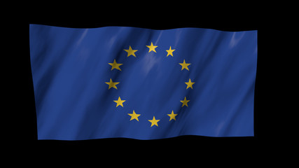 The European flag in 3d, waving in the wind, on black background.