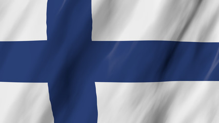 The Finnish flag flag in 3d, waving in the wind, on close